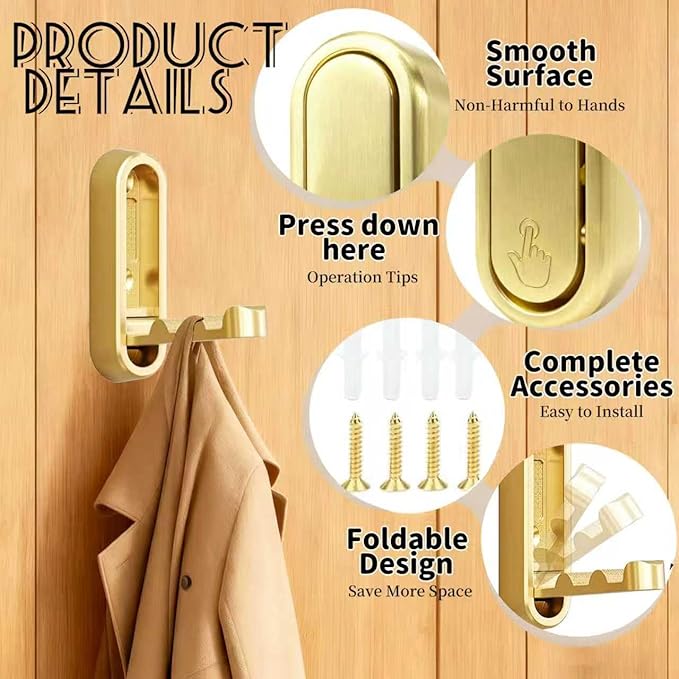 4PCS Folding Coat Hooks,Gold Wall Hooks for Hanging – 4 Folding Coat Hooks, Flip Down Heavy Duty Hooks Robe Hook Wall Mounted for Clothes, Towels, Hats & More