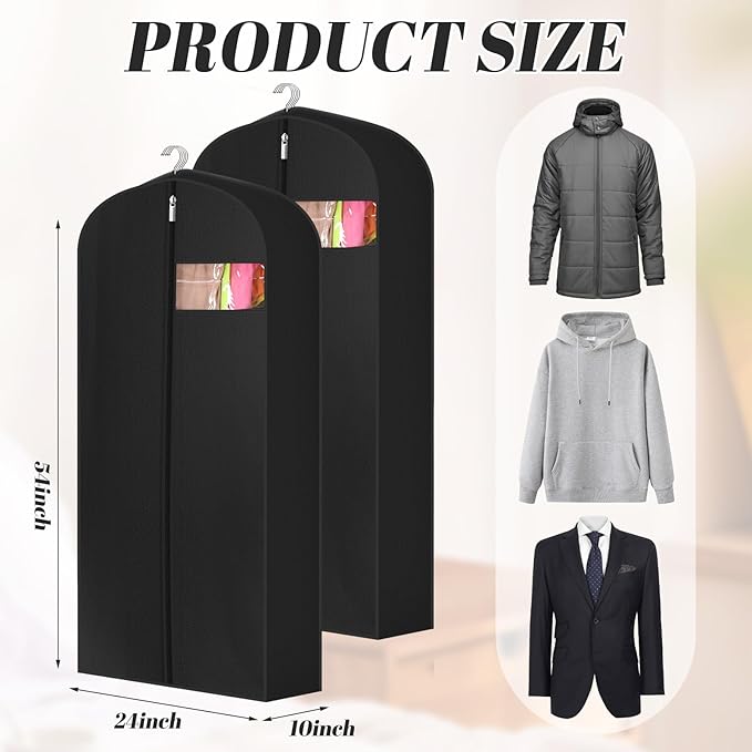 2 Pcs 10" Gusseted Garment Bags for Hanging Clothes Dress Bags for Gowns Long Closet Waterproof Garment Covers Wedding Dress Cover Traveling Clothes Protector (Black,54 Inch)