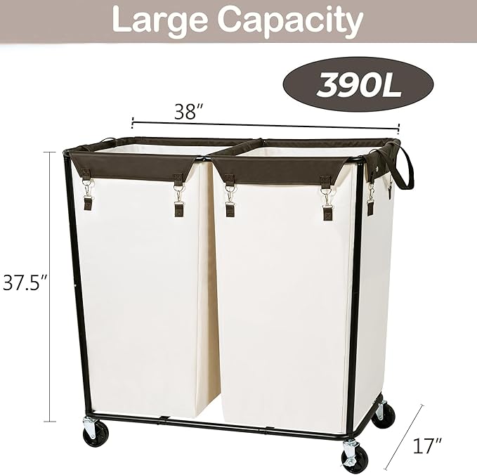 390L Laundry Hamper Sorter with Wheels, Extra Large Laundry Basket Heavy-Duty Rolling Cart with Removable Bags, Laundry Cart for Hotel and Home, Beige, 2-Section