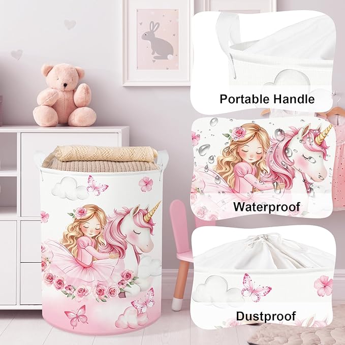 Clastyle Cute Unicorn Laundry Basket Cloud Kids Clothes Book Storage Basket Gift Toy Box for Bedroom Decor,Princess,40x30x30 cm