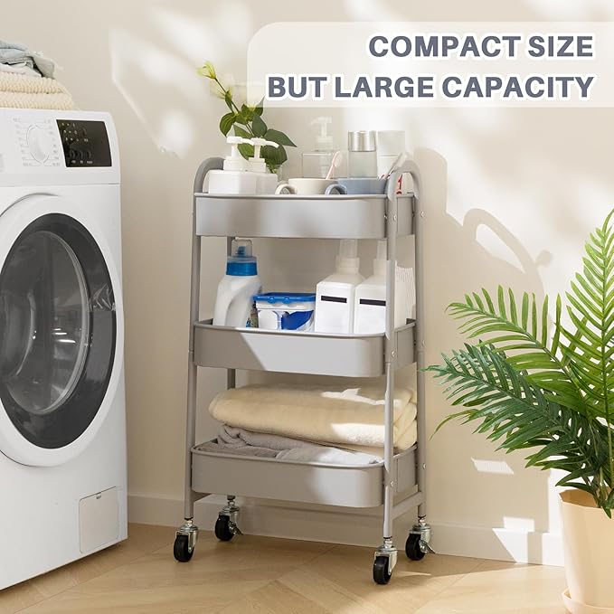 AGTEK 3 Tier Utility Rolling Cart with Lockable Wheels, Metal Multifunctional Storage, Organizer Cart for Kitchen, Office, Living Room, Makeup, Craft, Art Studio, Grey