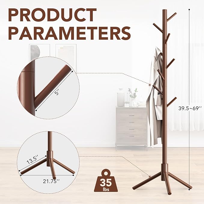 Wooden Coat Rack Freestanding with 8 Hooks,Easy Assembly New Zealand Pine Tree Coat Racks, 3 Adjustable Sizes for Clothes, Hats, Bags, for Entryway, Hallway, Bedroom, Office (Brown, 1 PC)