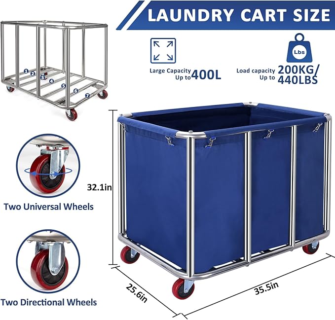 Commercial Laundry Cart with Wheels,11.35 Bushel Large Industrial Laundry Hamper,Industrial Laundry Cart with Stainless Steel Frame and Waterproof Oxford Cloth,440Lbs