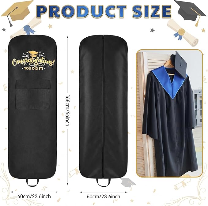 Abbylike 66''x24'' Graduation Academic Garment Bag with Handles and Cap Pocket Breathable Graduation Gown Bag Fabric Dress Bags for Hanging Gowns Long Closet Clothes Protectors, Black