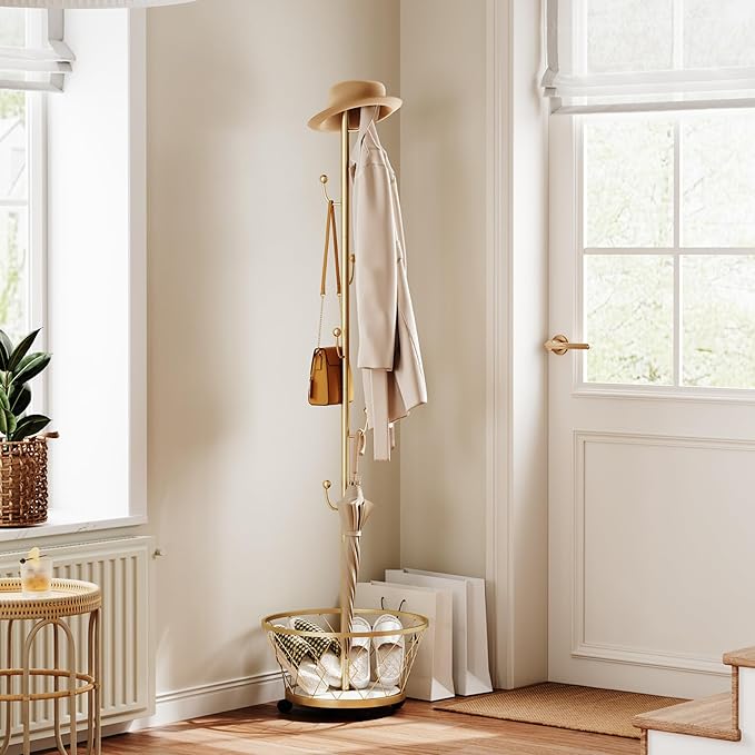 Champagne Gold Cactus shaped Coat Rack Hanger Freestanding, Metal Clothes Rack with Basket 6 Hooks to Hang Clothes, Hat, Bag for Entryway, Hallway, Bedroom