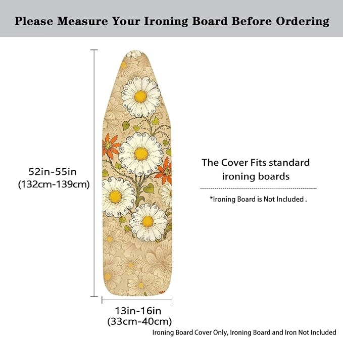 Daisy Print Ironing Board Cover and Pad Heat Reflective Stain Resistant Iron Board Cover with Padding Standard Size 15x54 Pressing Cloth for Ironing