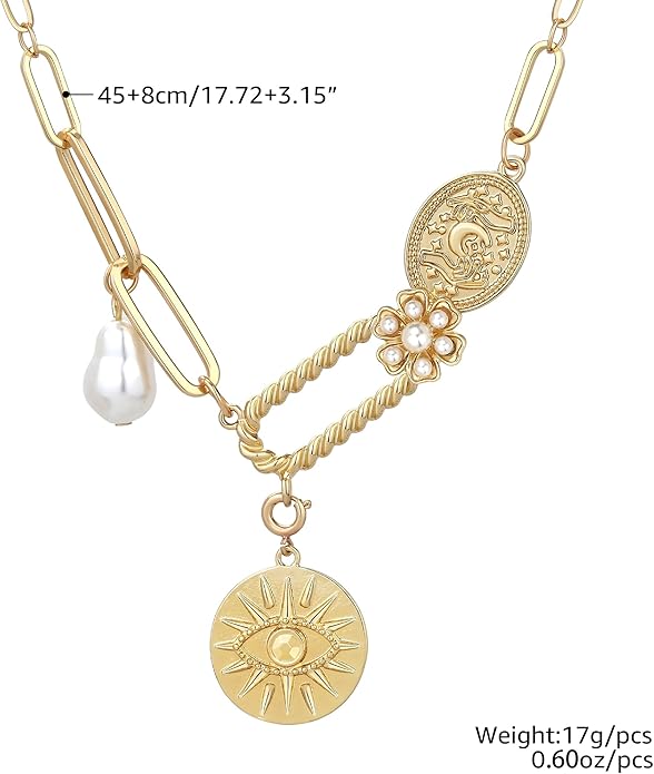 Chunky Gold Necklace for Women Gold Evil Eye Cowboy Pendant Necklace Dainty Paperclip Chain Vintage Luck Amulet Choker Necklaces Celestial Jewelry Gift