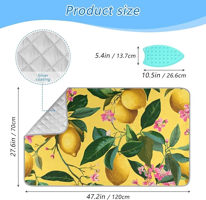 Ironing Mat Pad for Table Portable Travel Iron Blanket Ironing Board Covers Pressing Mat Heat Press Pads 27.6x47.2 Inches Lemons and Floral Pink52