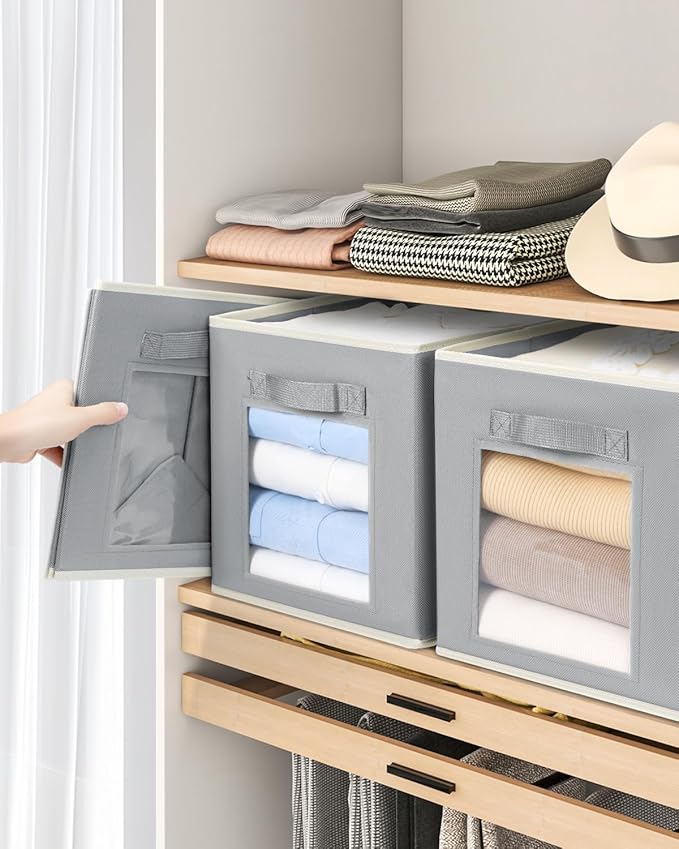Storage Cube 11 Inch - Cube Storage Bins with Window, Closet Storage Baskets with Handle, Fabric Bins for Closet, Shelves, Toys, Clothes, Set of 14, Grey