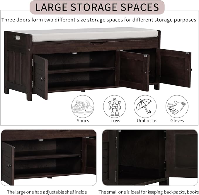 SOFTSEA Storage Bench with 3 Shutter Shaped Doors, Wooden Shoe Bench with Removable Cushion and Hidden Storage Space, Espresso