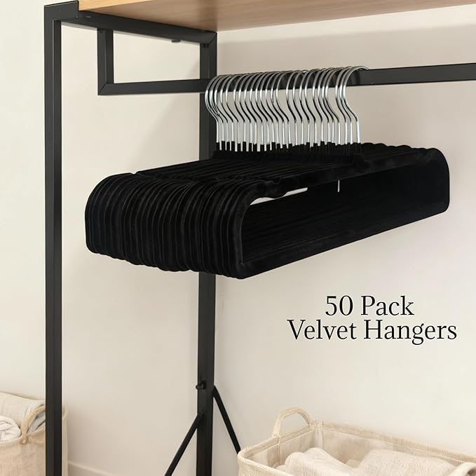 50 Velvet Pants Hangers with 20 Velvet Hooks – Non-Slip Flocked Slim Space Saving Clothes Hangers with 360° Swivel Silver Hook, Heavy Duty for Jeans, Pants, Tank Tops & Closet Organization