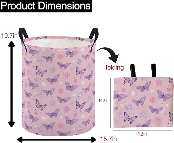 ESSME Kids Laundry Basket,Butterfly Hamper Collapsible Canvas Waterproof Storage Bin for Boys, Cute Hamper,Gift Baskets(Pink butterfly)
