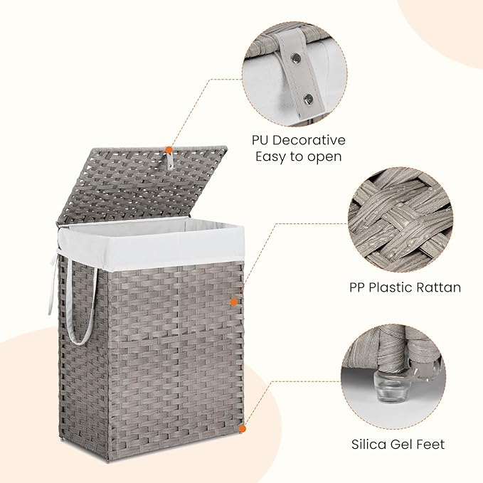 90L Laundry Hamper with Lid, Hand-Woven Pp Rattan Laundry Basket with Compartments & Handles, Removable Liner Bags,Foldable, Narrow Dirty Clothes Basket, Grey