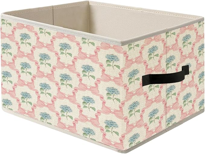 Coquette Pink Bow Blue Hydrangea Floral Storage Bin Box with Handles, Preppy Grandmillennial Hydrangea Flower Foldable Organizer Basket Toybox for Girls Dorm Bedroom Bathroom Clothes Toys Books