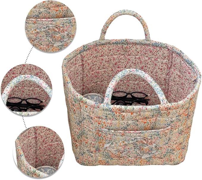 Quilted Fabric Storage Basket Boho Floral Laundry Baskets with Handles Collapsible Quilted Soft Basket for Car, Clothes, Toys Storage