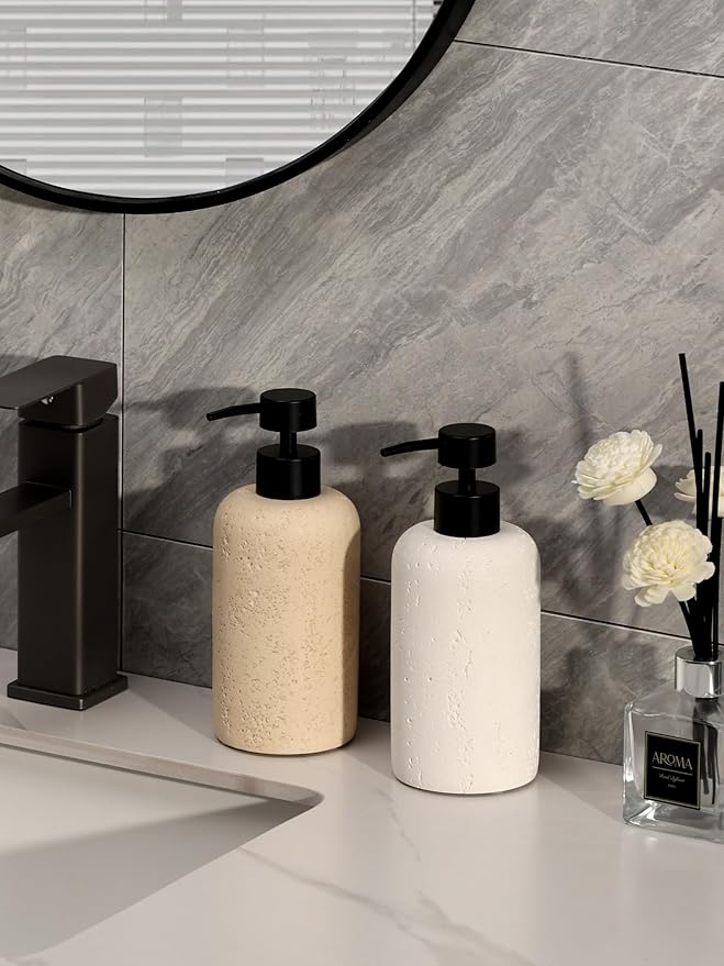 Soap Dispensers 400mL 13.5 OZ, 2 PCS Luxurious Hand Dish Lotion Shampoo Soap Dispenser Jar, Travertine Soap Pump Bottles for Kitchen Bathroom Countertop (Cream)