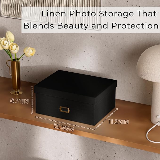 Decorative Photo Storage Box - Linen Photo Box Organizer with Dividers, Fits Holds Up to 1700 Pictures and 5x7 Photos, Memory Keepsake Organizer for Photos, Scrapbook Supplies, Cards, Stamps (Black)