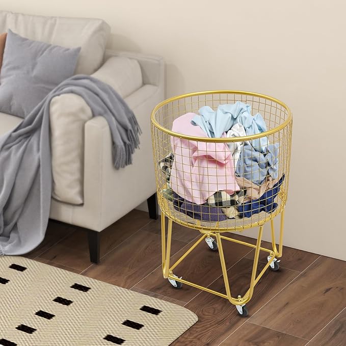Wire Metal Deep Set Rolling Laundry Basket,Mesh Wire Laundry Basket Storage Cart for Bathroom Bedroom Dirty Clothes Storage (F)
