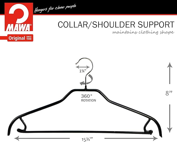 MAWA by Reston Lloyd Silhouette Series Non-Slip Space Saving Clothes Hanger with Bar & Hook for Pants and Skirts, Style 41/FRS, Set of 100, Black