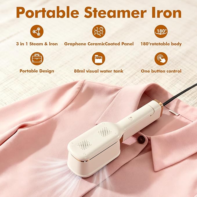 Travel Steamer for Clothes, 3 In 1 Steam, Iron & Press, 15s Heat Up, Lightweight Clothes Steamer, Flip-Design Handheld Portable Steamer, Travel/Home/Office Use