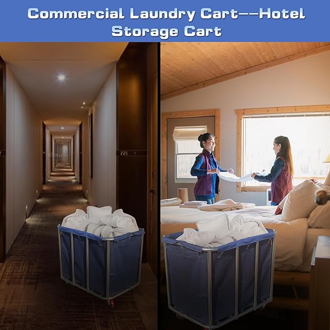 Commercial Laundry Cart with Wheels, 400L Large Capacity Heavy Duty Stainless Laundry Basket,Laundry Sorter for Clothes Storage,330 lbs Load (Blue)