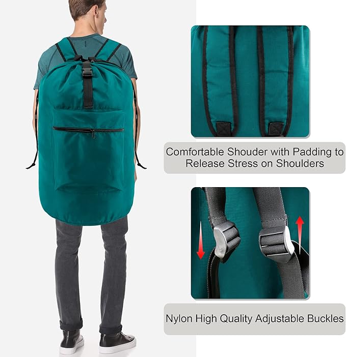 BeeGreen Laundry-Bag-Portable-Backpack, Mars Green Nylon Drawstring -Laundry Backpack Heavy Duty Tall Foldable Extra Large Dirty Clothes Travel Bag with Handle College Dorm Apartment Essentials