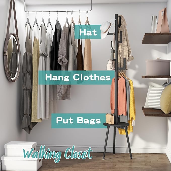Coat Rack, Wooden Coat Rack Freestanding with Shelf, Bamboo Cactus Coat Tree, Coat Tree for Clothes/Bag/Hats, Hanger Stand for Entryway (Black)