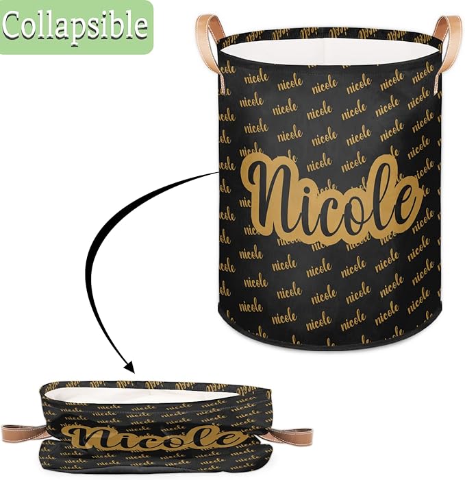 Custom Name Laundry-Hamper, Personalized Kids-Clothes-Hamper Foldable with Name, Customized Storage Basket with Handles Waterproof Gift for Boys Girls Baby Women,Black Yellow