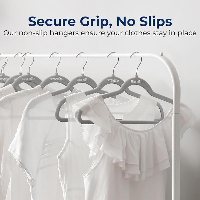 SereneLife 10 Pcs Grey Velvet Hangers – Premium Non-Slip Heavy Duty, 10 lb Capacity, Ultra-Thin Closet Organizers, with Space-Saving Design, Durable Metal Swivel Hook for Clothes Suits Dresses Tops