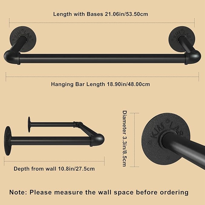 Wall Mounted Clothes Rack 21.06in, Industrial Pipe Wall Mount Clothing Rack, Heavy Duty Iron Garment Racks, Space Saver Multi-purpose Hanging Rod for Laundry Room, Closet Storage, 2 Packs