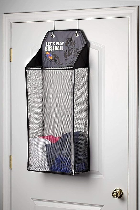 Store & Score Over The Door Hanging Kids Fun LED Baseball Light-Up Collapsible Mesh Laundry Hamper Basket, Toy Chest, Heavy Duty Metal Hooks Included. Patent Pending