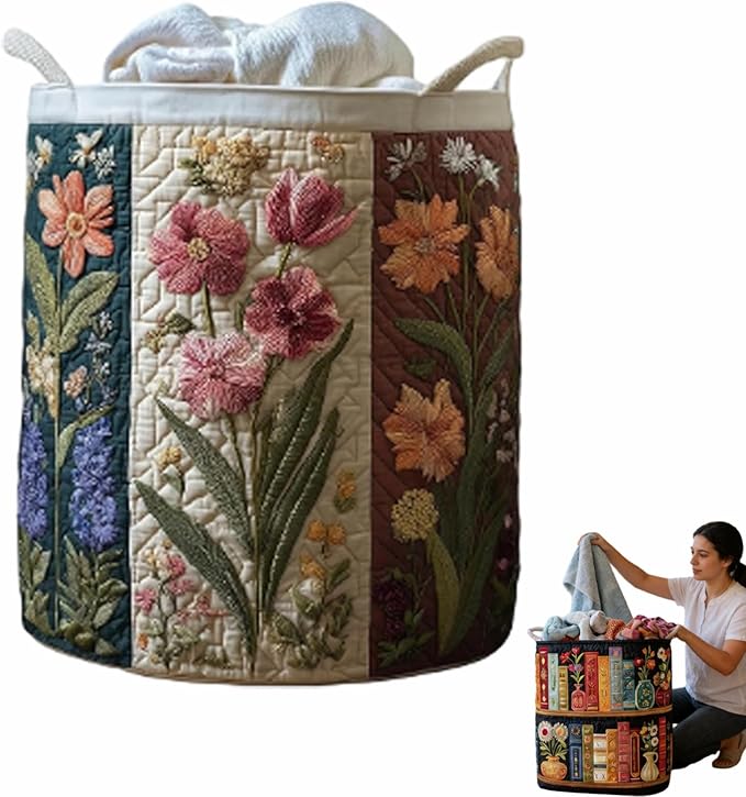Quilted Laundry Basket, Quilted Laundry Basket with Handles, Boho Fabric Floral Storage, For Bedroom Laundry (#10, 16"L x 16"W x 22"H)