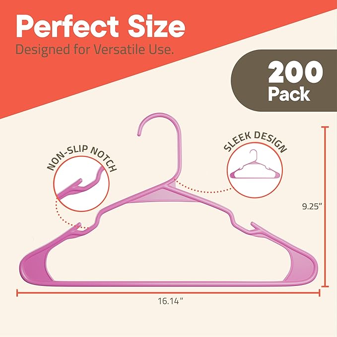 Pink Plastic Hangers 200 Pack– Heavy-Duty Plastic Hangers Slim and Space-Saving, Durable and Lightweight PP with Non-Slip Shoulder Notches for Slip Dresses, Suits, Jackets & Camisoles