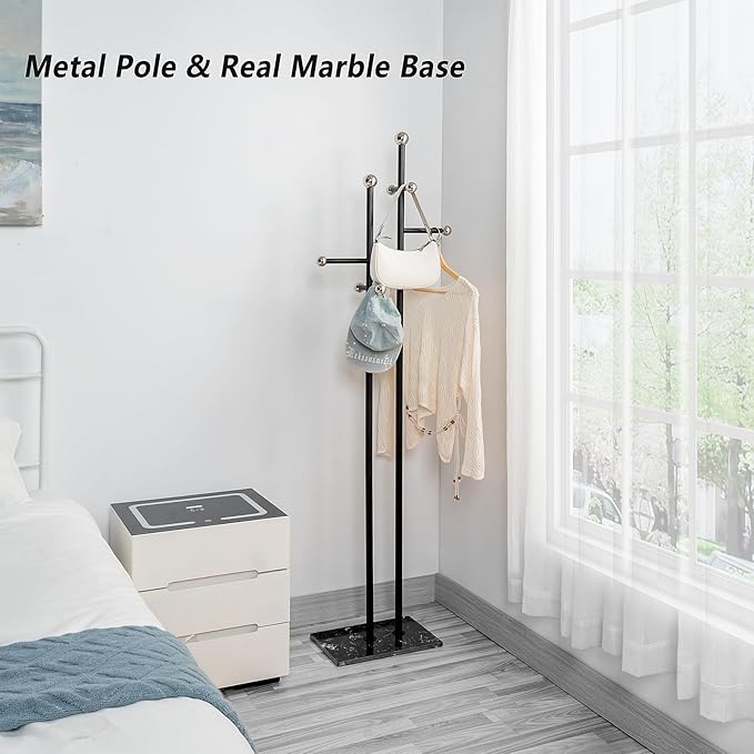 Coat Rack Freestanding with Marble Base, Heavy Duty Metal Clothes Rack, Corner Coat Tree Hat Rack for Entryway Bedroom Living Room Hotel 14.96 x 10.24 x 68.9 Inches (Black)
