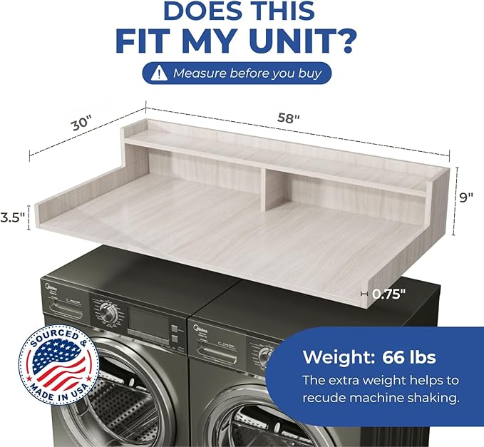 OfficeSimpli Large Washer Dryer Countertop with Shelf - 30 x 58 Inch - Made in USA Laundry Countertop Over Washer and Dryer with Non-Slip Pads, Storage Shelf, Laundry Topper Organizer, Rustic Oak
