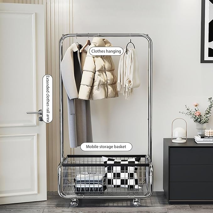 Freestanding Clothes Rack,Metal Coat Rack with Movable Storage Basket,360° Rolling Clothes Rack,Mobile Storage Coat Rack for Bedroom (Size : 100cm)