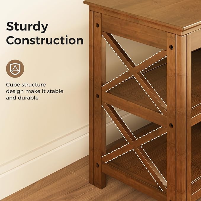 Bamworld Shoe Rack Bench with Storage 3 Tier Bamboo Shoe Bench Entryway Rustic Entryway Bench (X-Brown, 23.6 Inch