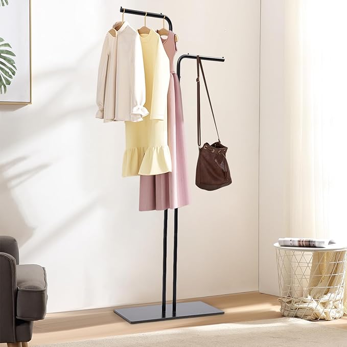 67in-Black Clothing Rack with Base, Double Rod Freestanding Coat Rack Hanging Clothes, Bags, Hat and Shoes for Entryway Bedroom Garment Organizer, Clothing Stores Boutique Retail, Studio