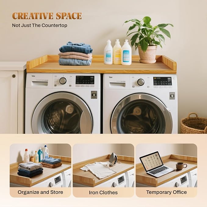 GCCSJ Washer Dryer Countertop, 54" Width x 27.5" Depth Wood Laundry Topper with Edge & Non-Slip Pads for Laundry Room Organization Storage & Clothes Folding, Oak