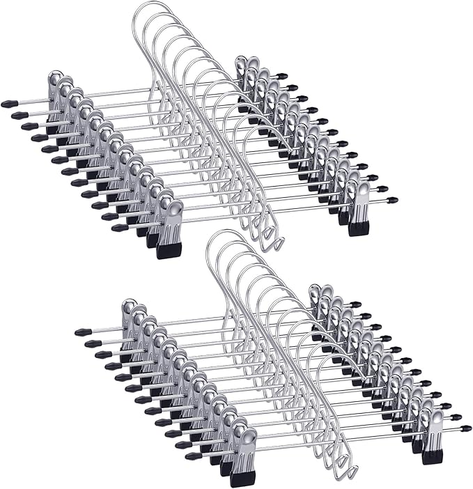 24PCS Skirt Pants Hangers with Clips Space Saving Stackable Hanging Closet Organizer Heavy Duty Adjustable Clothes Storage College Dorm Room Supplies Decor for Shorts Jean Towel Trouser Sock