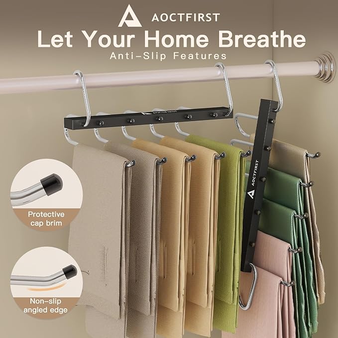 Closet Organizer Hangers Space Saving 6 Pack - 5-Tier Pants Hanger for Jeans, Shorts & Skirts | Vertical Storage Solution | Heavy Duty Black Finish