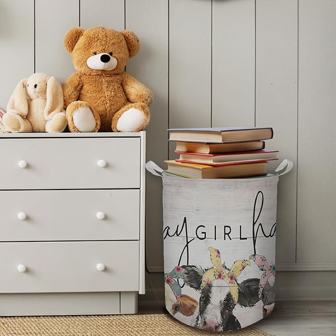 Farmhouse Cow Laundry Basket, Hay Girl Hay Waterproof Collapsible Laundry Hamper Dirty Clothes Storage Toy Bin Organizer for Girls Kids Room Bathroom Bedroom Nursery