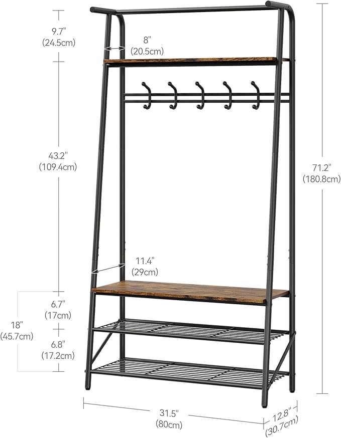 GAOMON Coat Rack, Hall Tree with Shoe Storage Bench, 3-in-1, Multifunctional Hallway Organizer, Shoe Storage with Coat Rack Stand, 5 Hooks, Metal Frame, for Entryway, 12.8 x 31.5 x 71.2