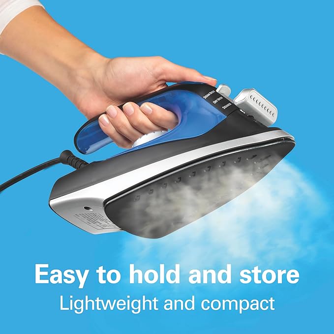 Hamilton Beach 2-in-1 Steam Iron for Clothes and Garment Steamer with 5 Temperature Settings, Nonstick Soleplate, 1200 Watts, 8’ Cord, Black & Blue (14525F)