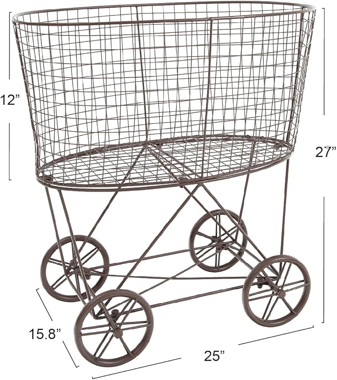 Creative Co-Op Vintage Reproduction Metal Laundry Basket on Wheels, Rust