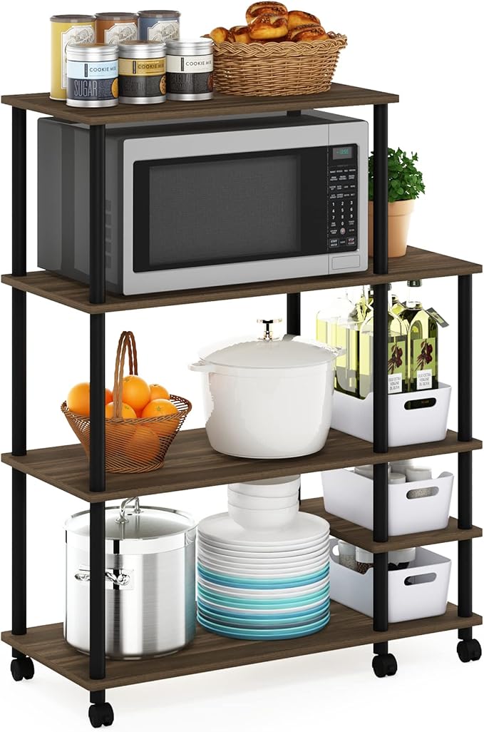 Furinno Turn-N-Tube Bakers Rack with Wheels, 4-Tier Kitchen Storage Cart, Kitchen Cart, Coffee Bar, Pantry Organizers and Storage, Brown Walnut