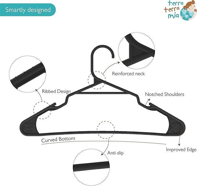 Eco-Friendly Clothing Hangers for Avg. Weight (Max 3lbs) Clothes Made from 100% Recycled Post Industrial Plastic (Black, 20)