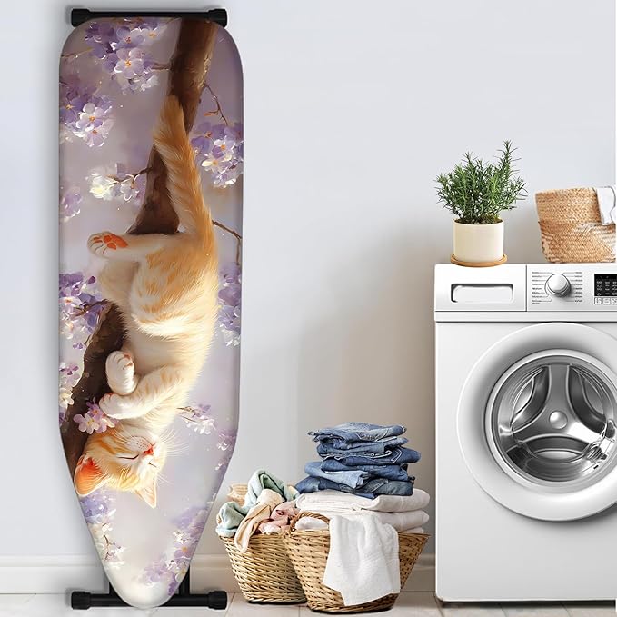 Nuxovilar Sleeping Orange Kitten Among Blossoms Ironing Board Cover, 15×54inch, This Cover Fits Most Standard Boards, Dust - Proof Ironing Accessory for Home Decoration