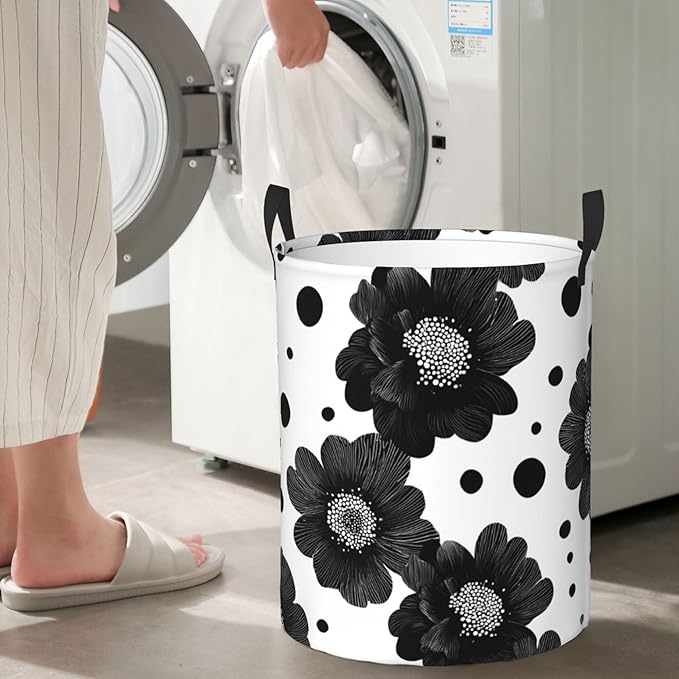 Black Floral Laundry Hamper, Collapsible Storage Basket with Handles for Clothes, Bedroom, Bathroom 19.6 x15.7 Inch