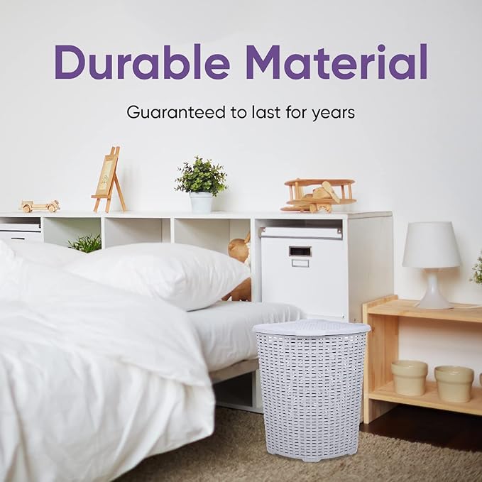 Plastic Corner Laundry Hamper with Lid, Curved Designed Laundry Basket, Triangle White Smoke Cloths Hamper Organizer with Cut-out Handles for Laundry Room Bedroom Bathroom, Wicker Design, 50 Liter